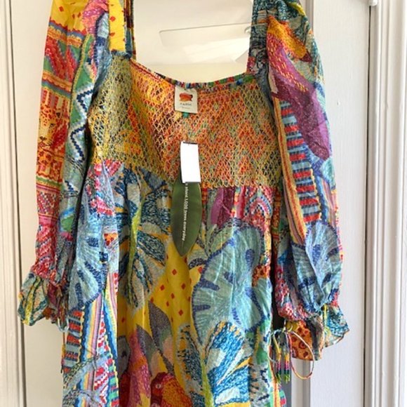 Farm Rio Summer Tapestry Smocked Minidress Artsy Tropical Cottagecore Dopamine - Picture 12 of 13